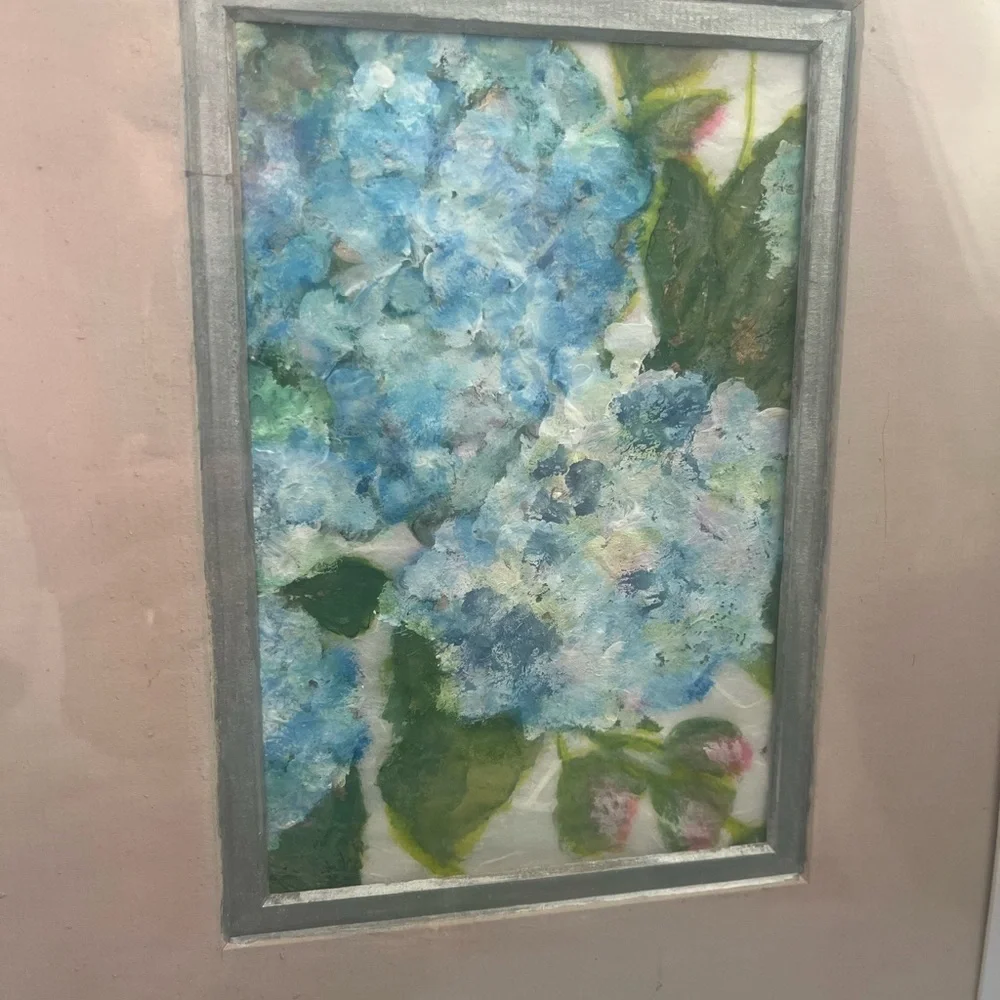 Elegant Blue and Green Floral Art in White Framed Hand Painted/ signed - Picture 1 of 6